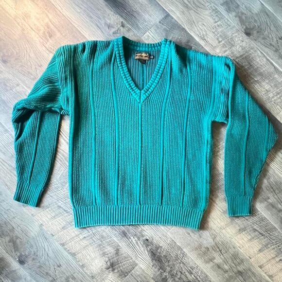 Vintage Eddie Bauer Ribbed Cotton Sweater • Teal V-Neck • XL • Outdoor - Picture 1 of 8